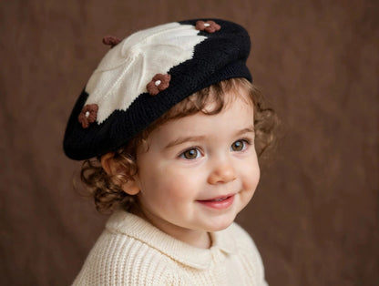 Cute Knitted Baby Beret Cap with Floral Design