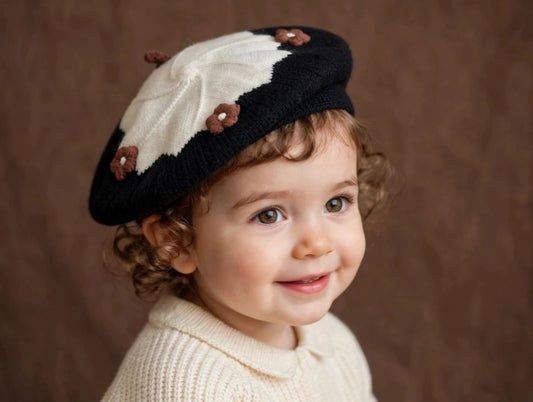 Cute Knitted Baby Beret Cap with Floral Design