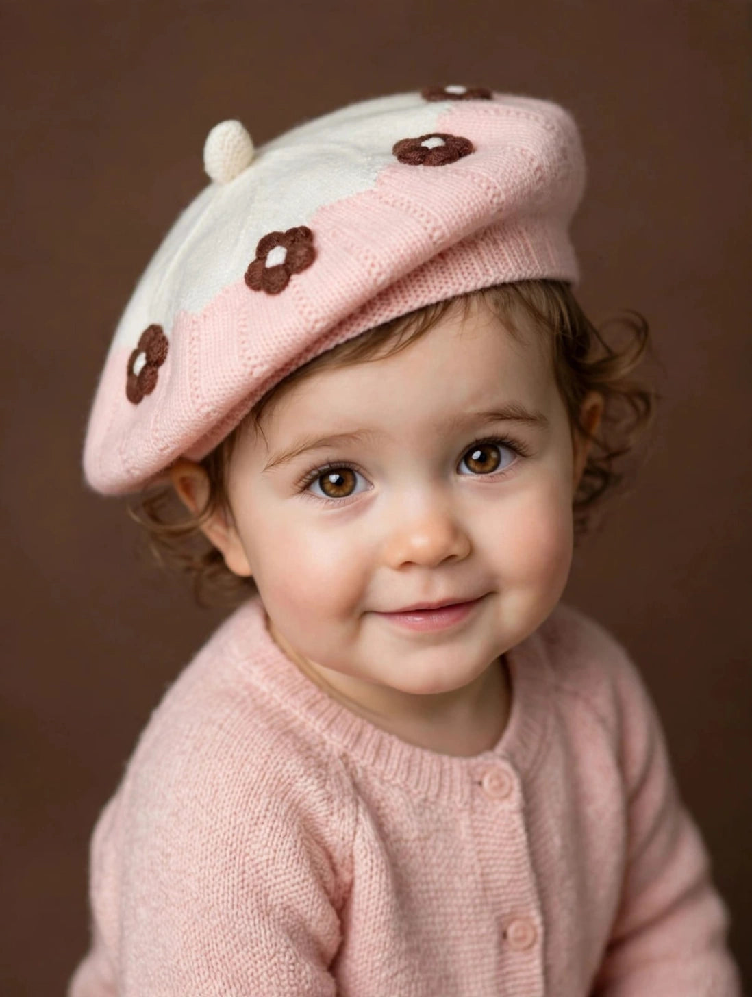Cute Knitted Baby Beret Cap with Floral Design