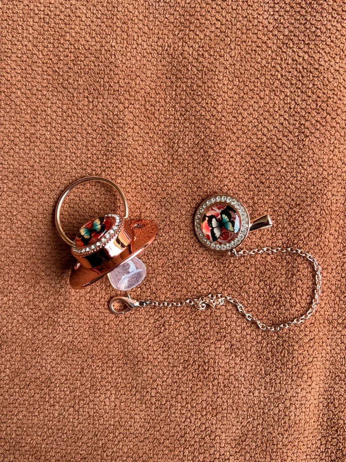Kids Essentials Luxury Butterfly Bling Baby Pacifier with Chain & Clip