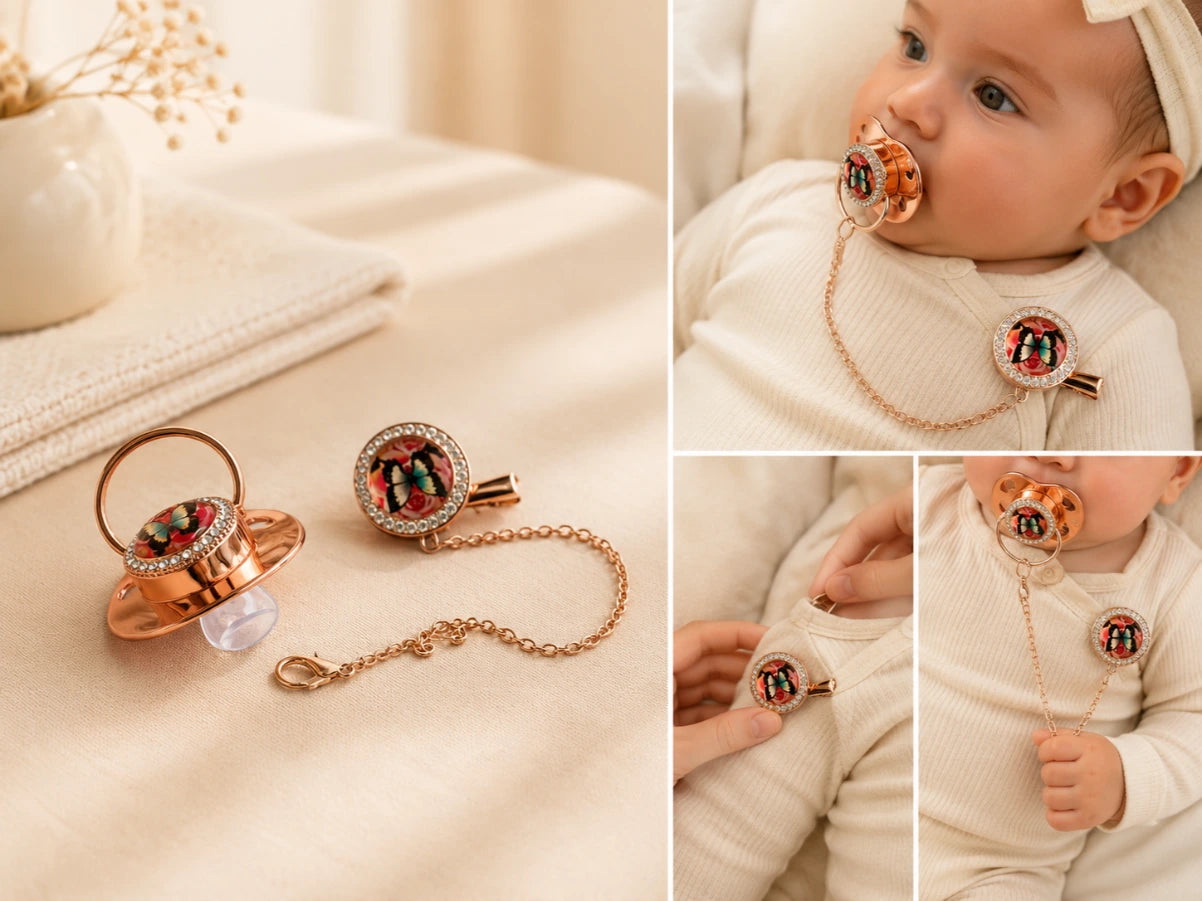 Kids Essentials Luxury Butterfly Bling Baby Pacifier with Chain & Clip