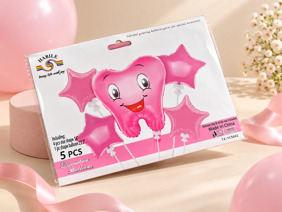 5-Piece Cute Tooth & Star Foil Balloon Set - Pink & Blue Designs