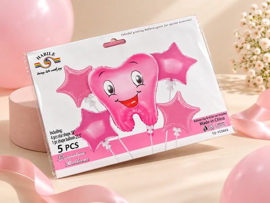 5-Piece Cute Tooth & Star Foil Balloon Set - Pink & Blue Designs