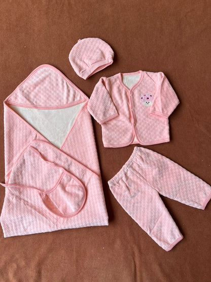 5 Piece Winter Velvet Newborn Baby Starter Set (Light Pink)