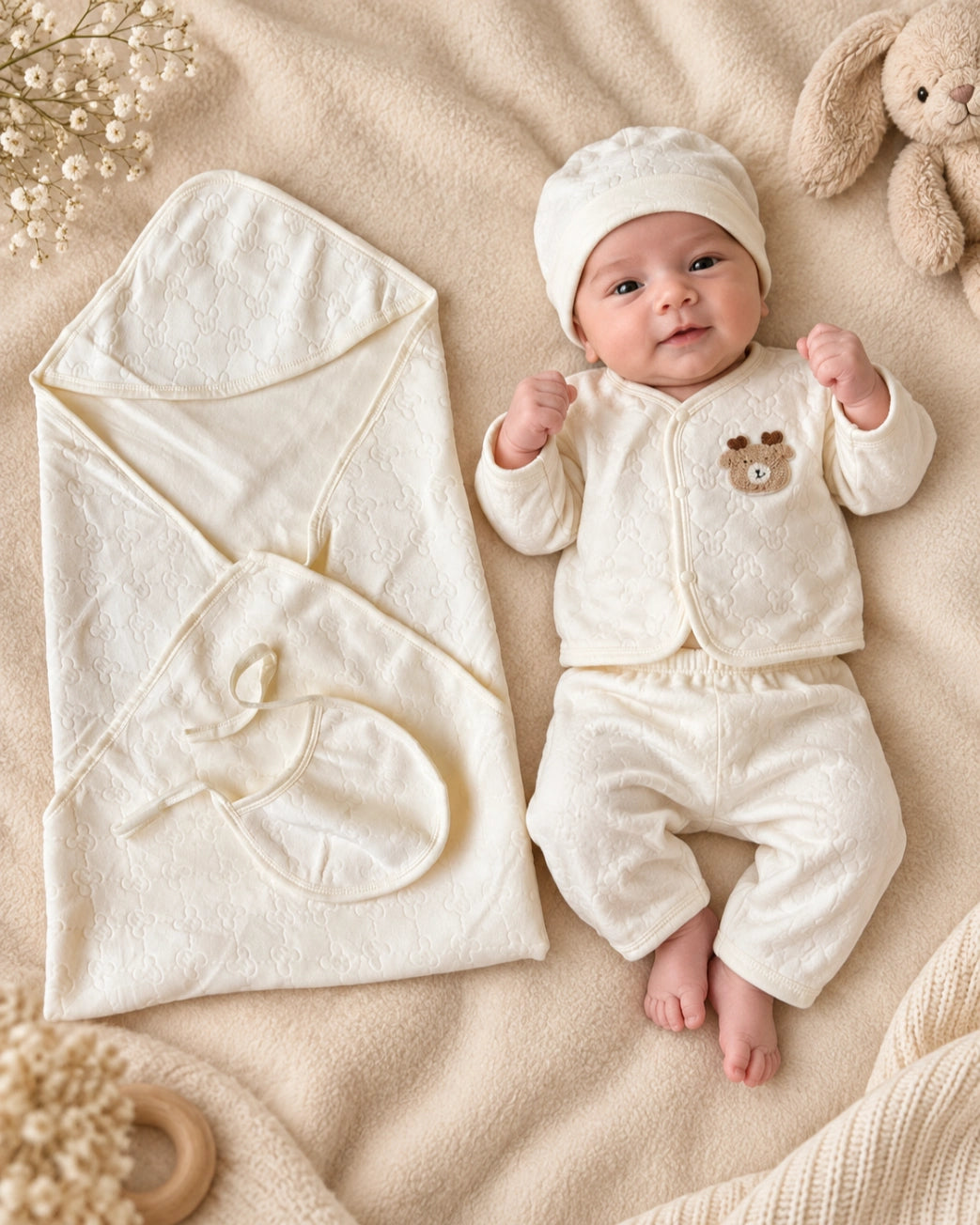 5 Piece Winter Velvet Newborn Baby Starter Set (White)