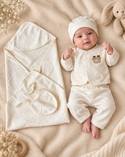 5 Piece Winter Velvet Newborn Baby Starter Set (White)