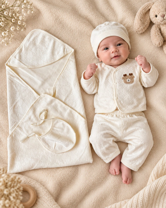 5 Piece Winter Velvet Newborn Baby Starter Set (White)