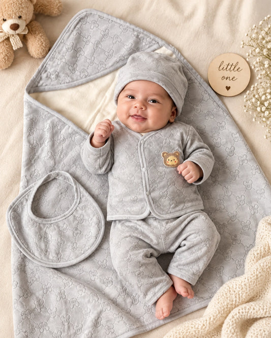 5 Piece Winter Velvet Newborn Baby Starter Set (Grey)