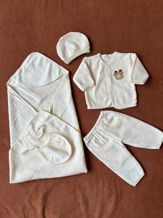 5 Piece Winter Velvet Newborn Baby Starter Set (White)