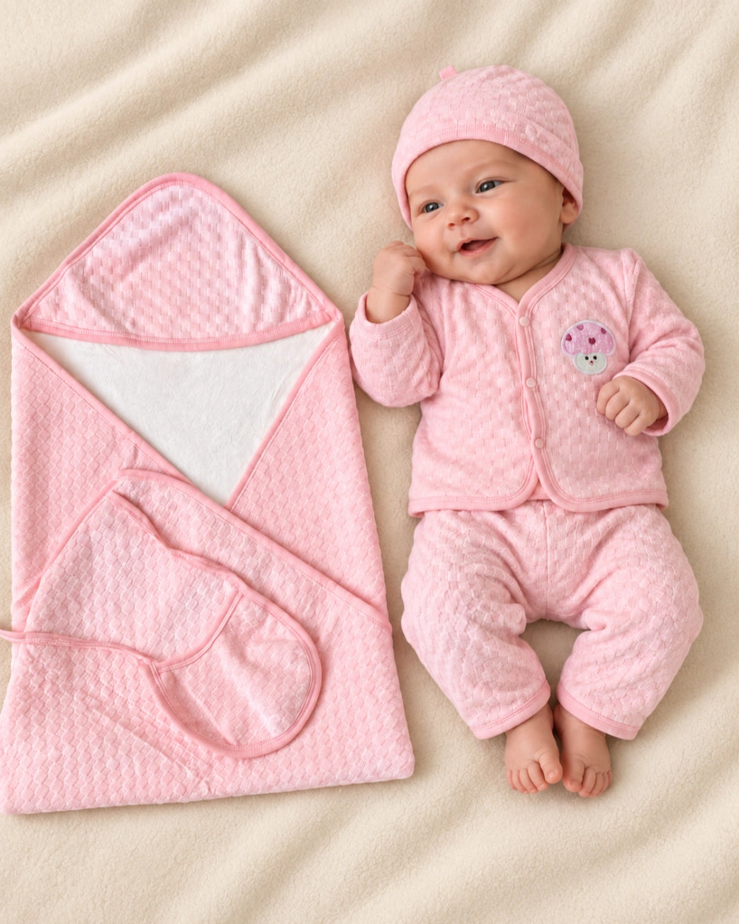 5 Piece Winter Velvet Newborn Baby Starter Set (Light Pink)