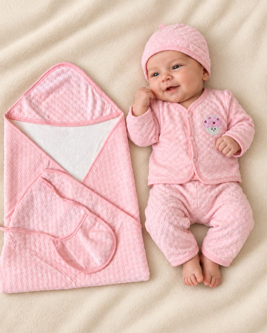 5 Piece Winter Velvet Newborn Baby Starter Set (Light Pink)