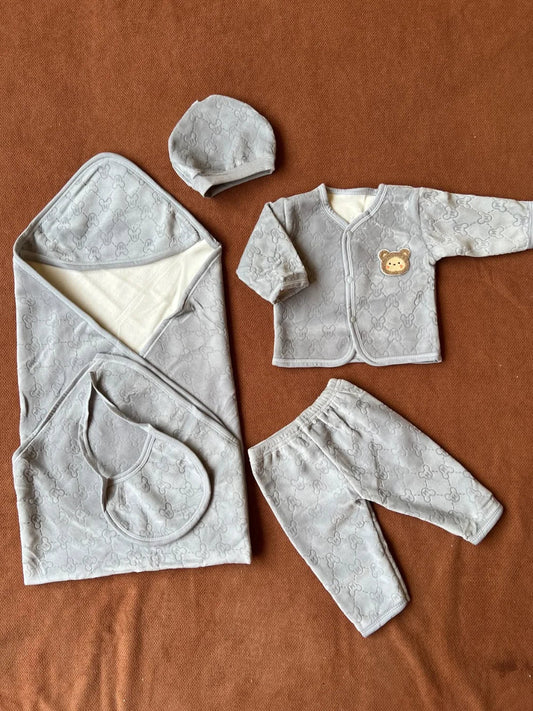 5 Piece Winter Velvet Newborn Baby Starter Set (Grey)