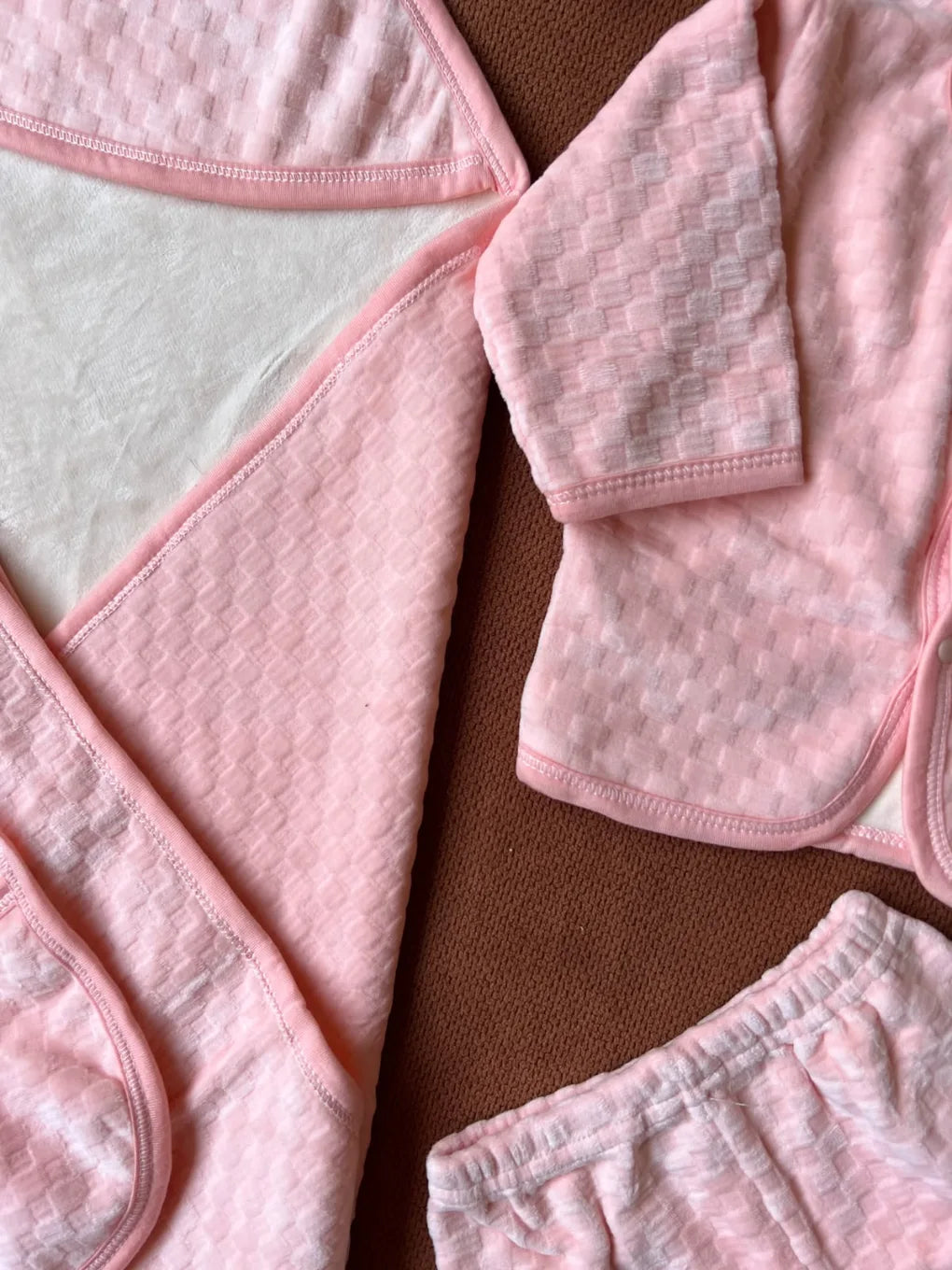5 Piece Winter Velvet Newborn Baby Starter Set (Light Pink)