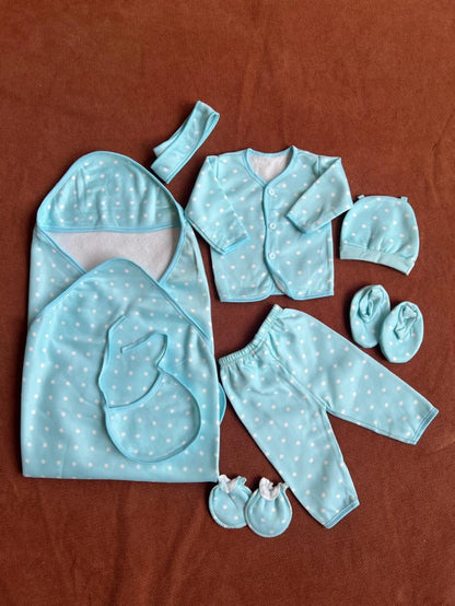 Newborn 11 Pcs Winter Fleece Starter Set - Dotted design (Blue)