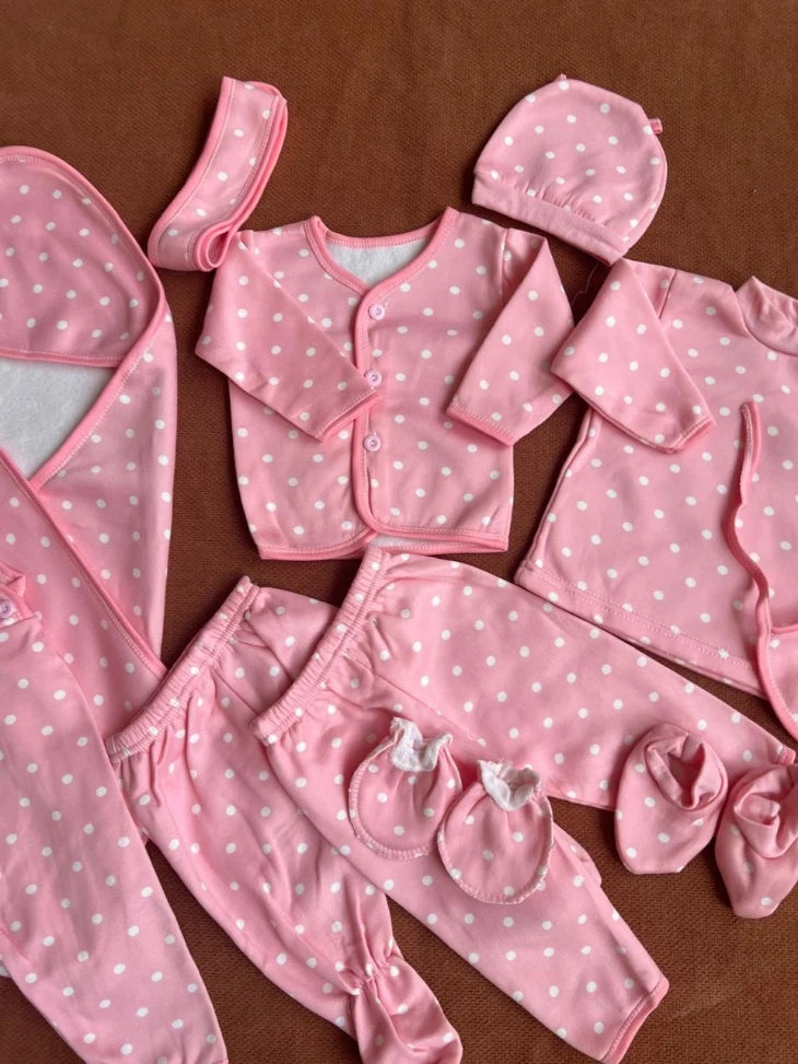 Newborn 11 Pcs Winter Fleece Starter Set - Dotted design (Pink)