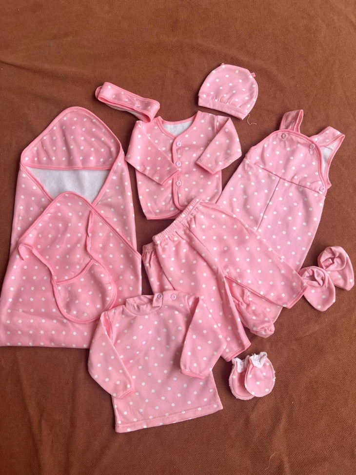 Newborn 11 Pcs Winter Fleece Starter Set - Dotted design (Pink)