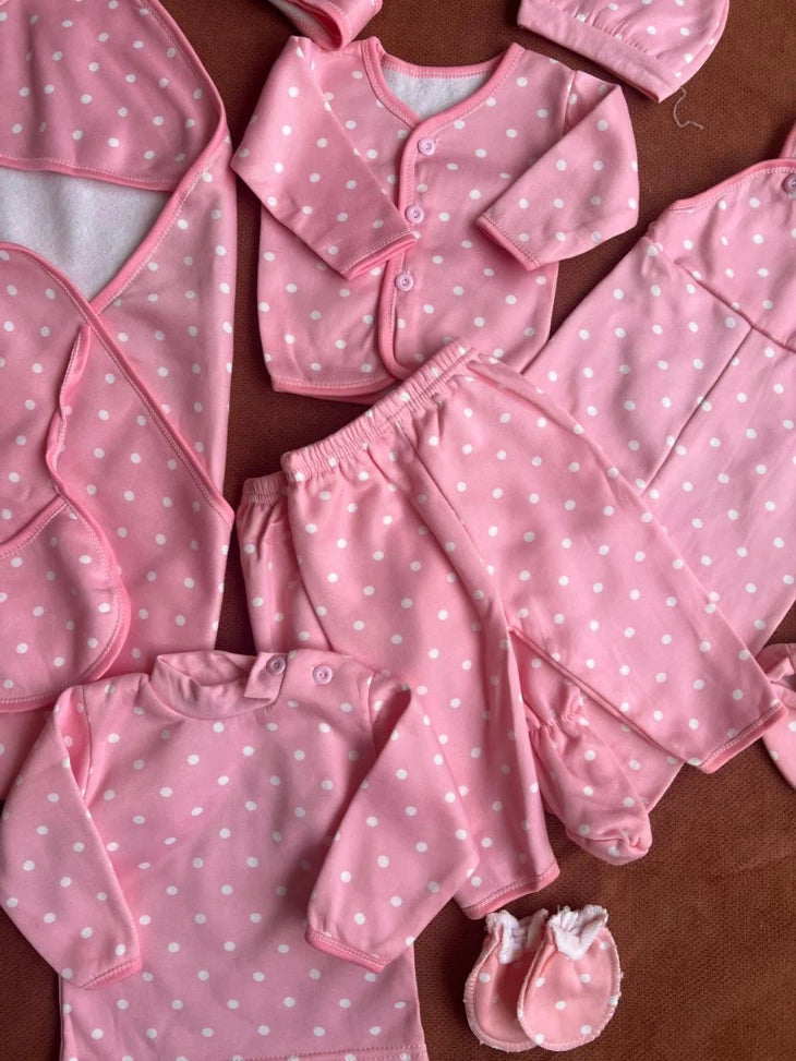 Newborn 11 Pcs Winter Fleece Starter Set - Dotted design (Pink)