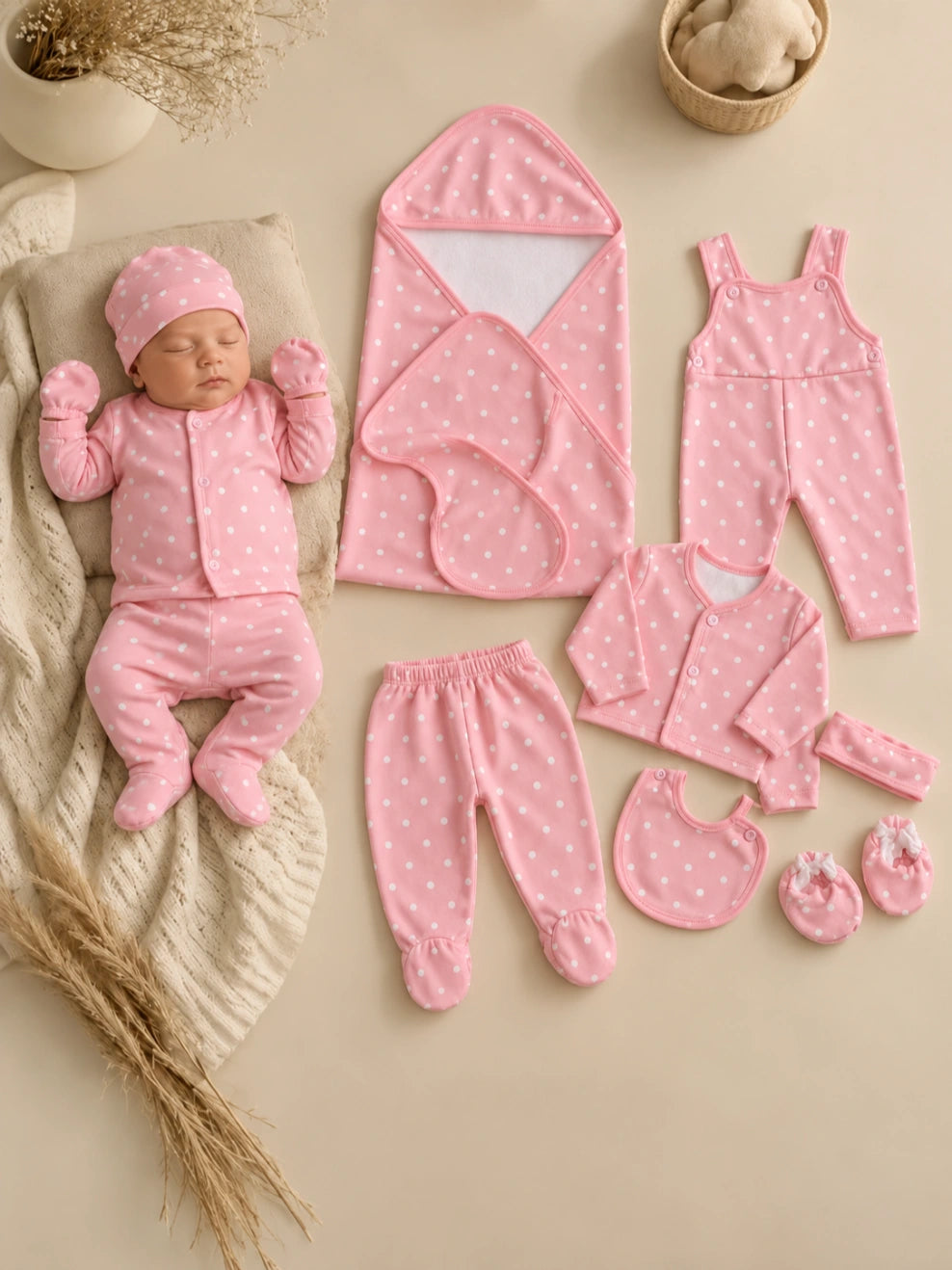 Newborn 11 Pcs Winter Fleece Starter Set - Dotted design (Pink)