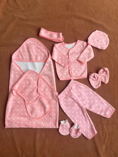 Newborn 11 Pcs Winter Fleece Starter Set - Dotted design (Pink)