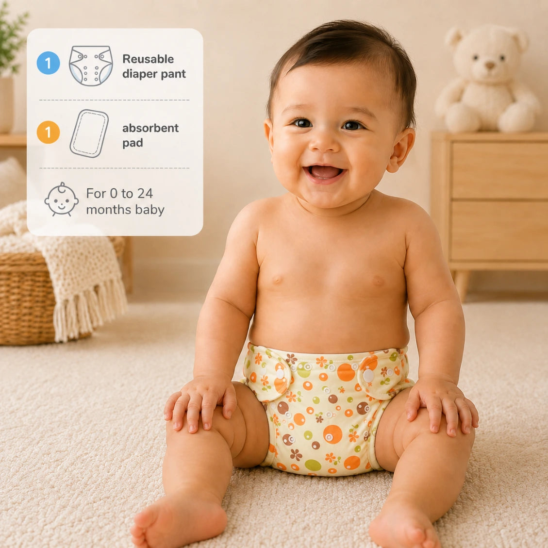 Kids Essentials Reusable Baby Diaper Pant with Absorbent Pad | Washable Nappies
