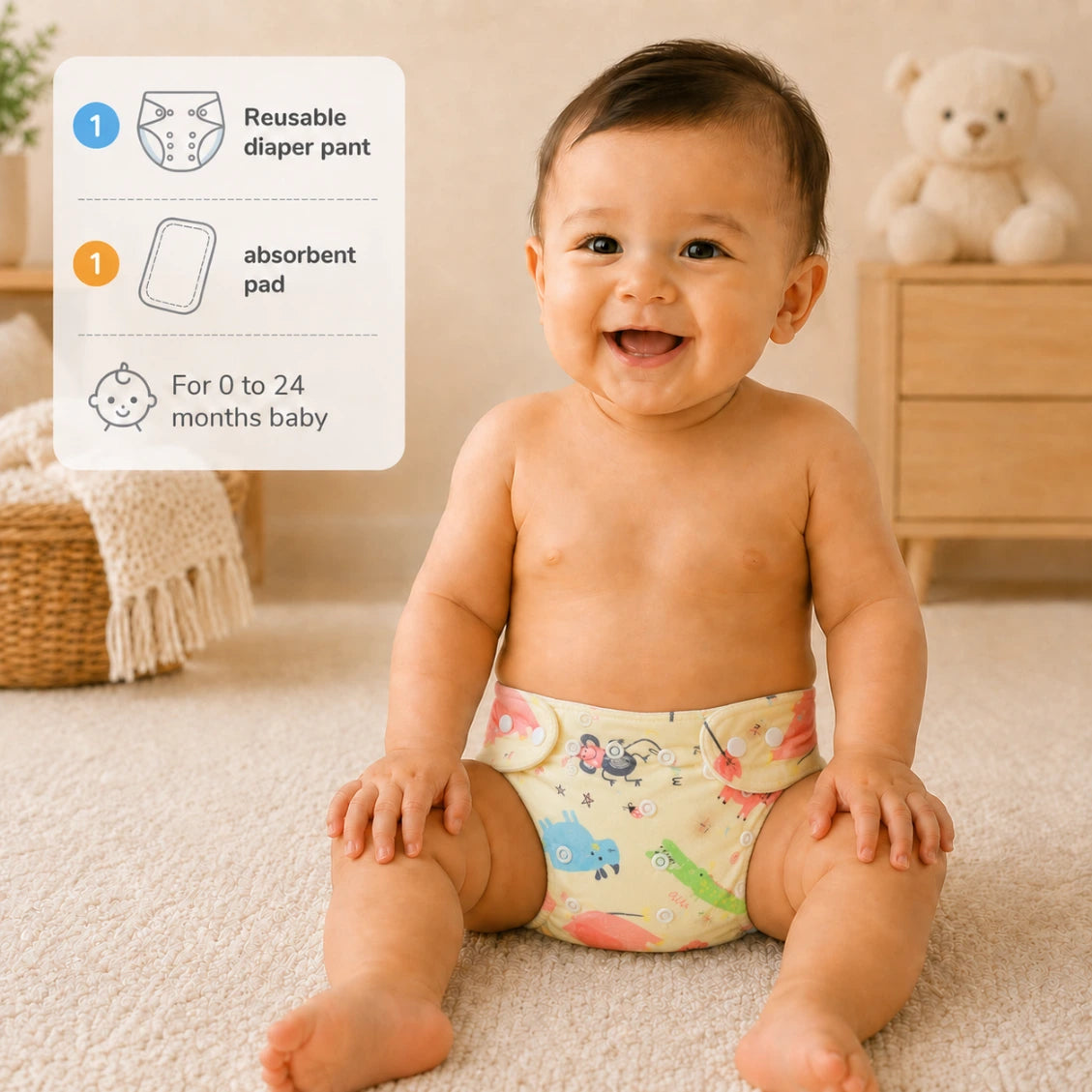 Kids Essentials Reusable Baby Diaper Pant with Absorbent Pad | Washable Nappies