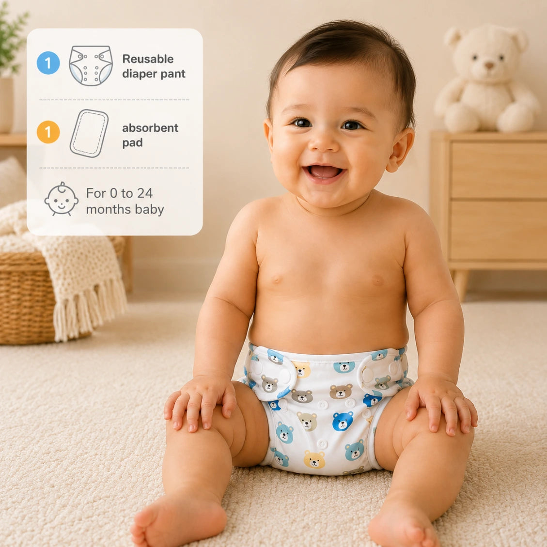 Kids Essentials Reusable Baby Diaper Pant with Absorbent Pad | Washable Nappies