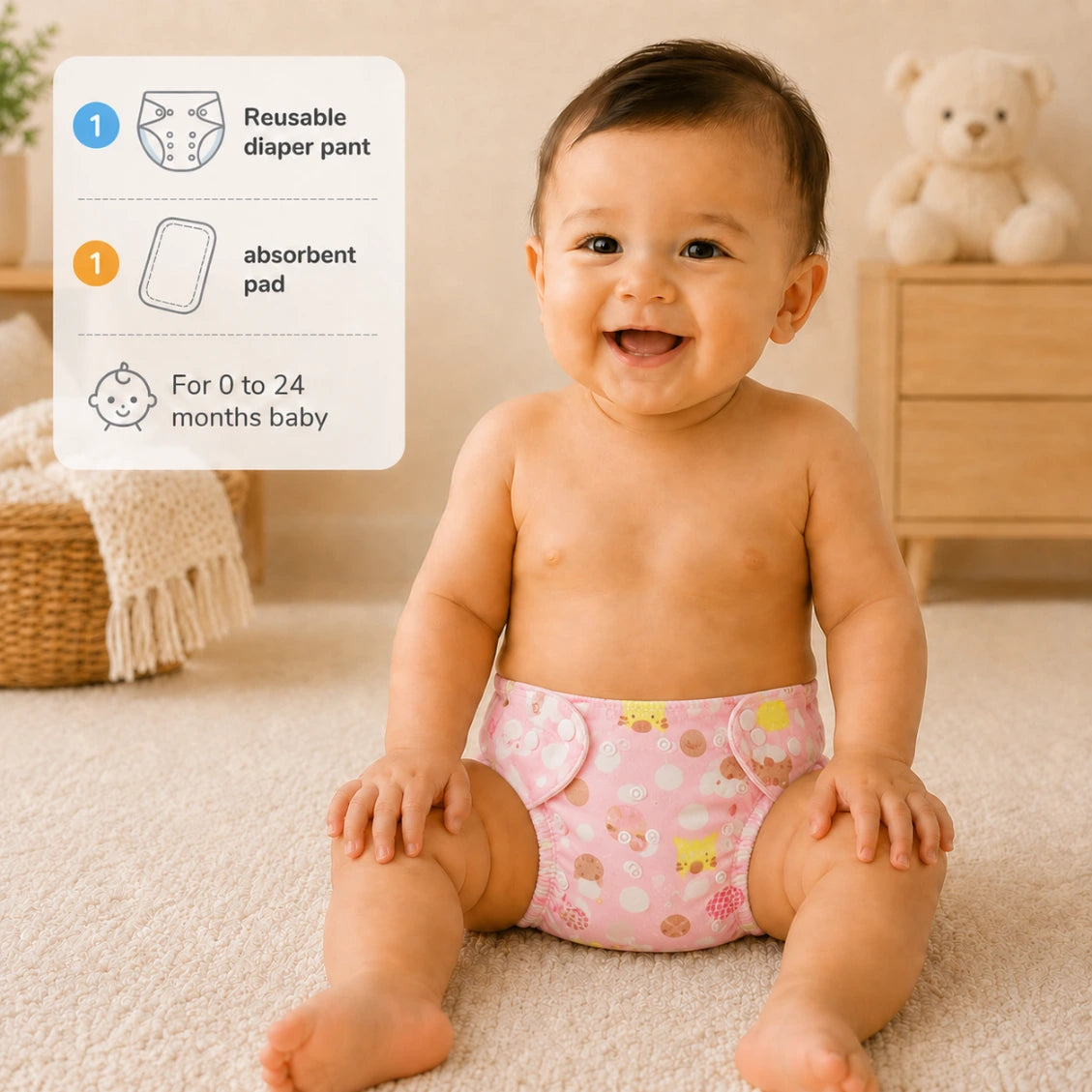 Kids Essentials Reusable Baby Diaper Pant with Absorbent Pad | Washable Nappies