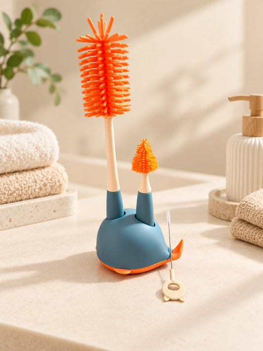 Whale-Shaped Baby Bottle & Nipple Cleaning Brush Set