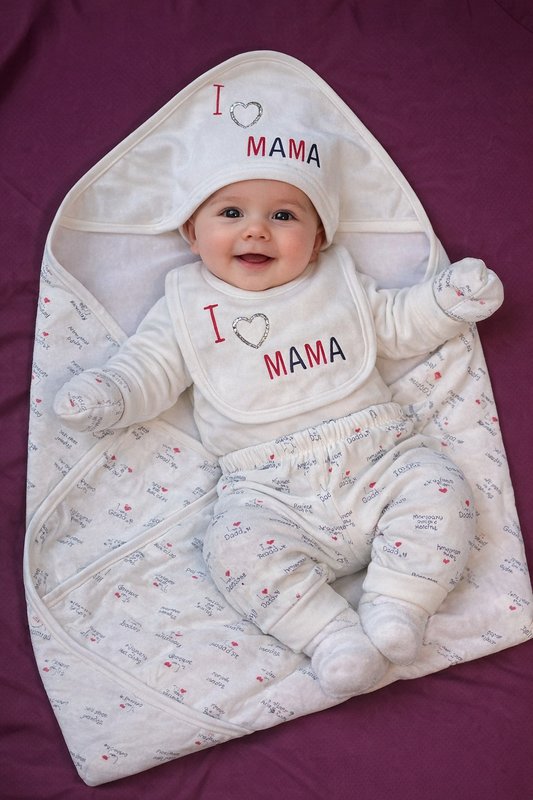 Baby wrapped in a white blanket with 'I ❤️ MAMA' text, sitting on a purple surface.