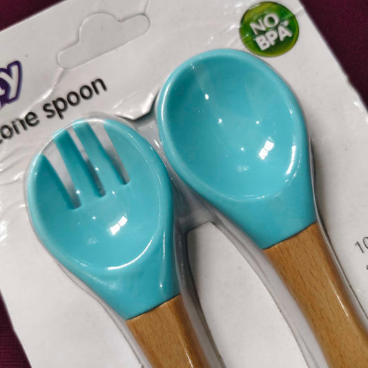 wooden handles silicon tip fork and spoon set blue1