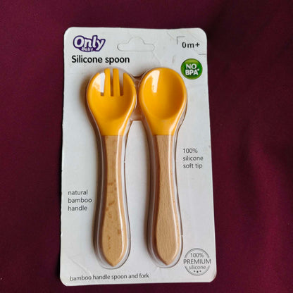 wooden handles silicon tip fork and spoon set Yellow 3