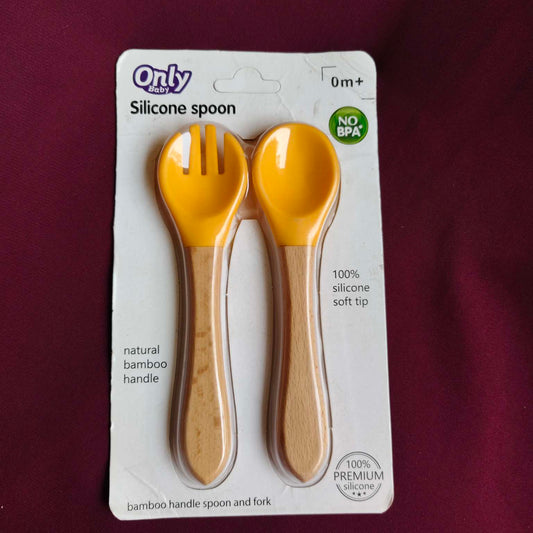 wooden handles silicon tip fork and spoon set Yellow 3