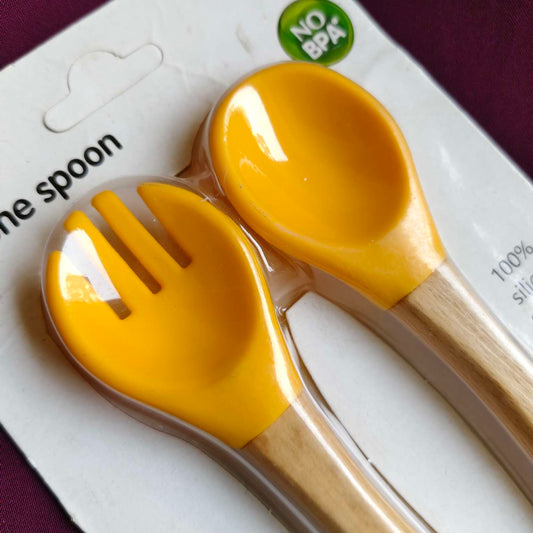 wooden handles silicon tip fork and spoon set Yellow 3
